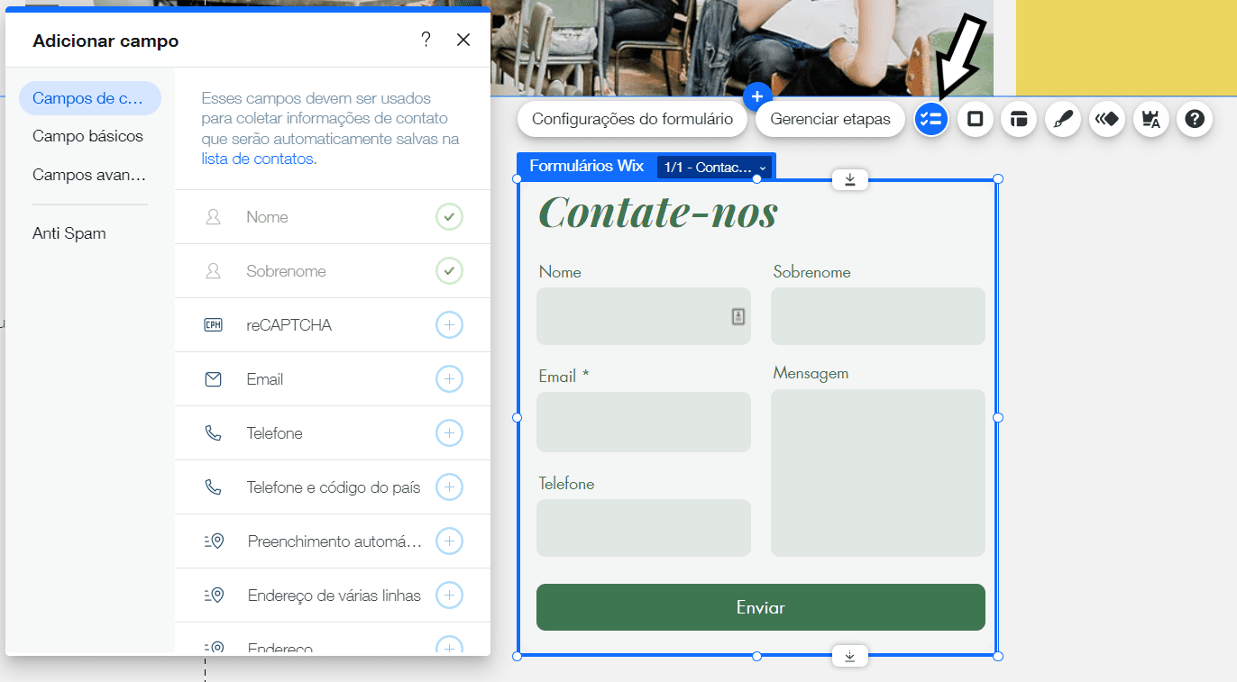 adicionar campo formulário wix