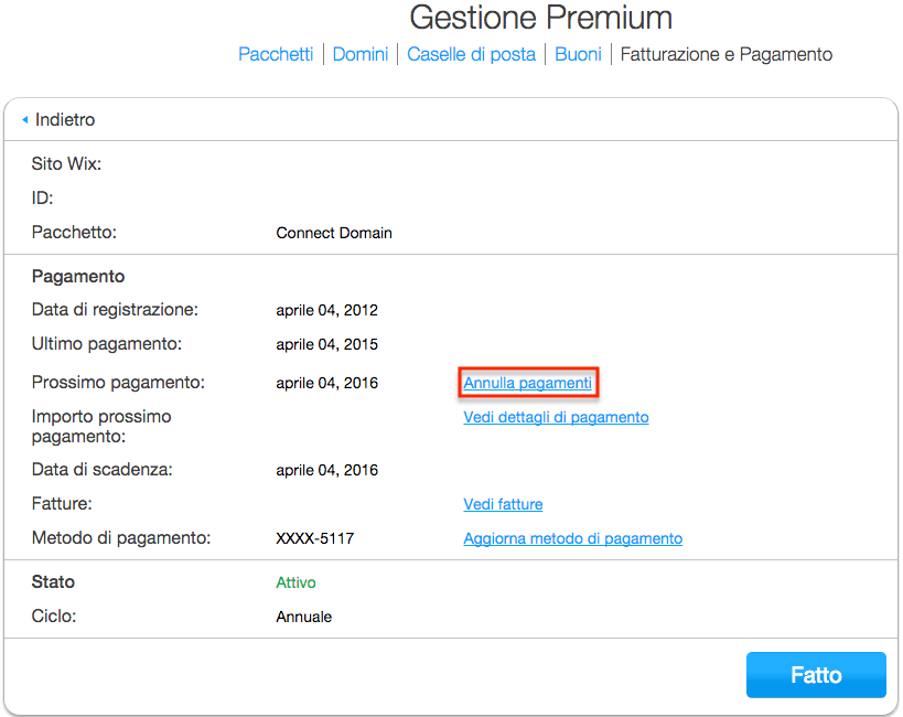 annula pagamenti wix