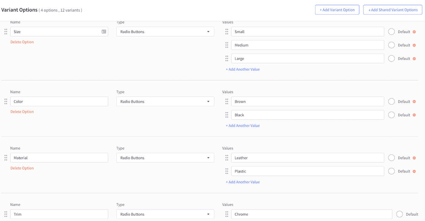 BigCommerce variant options