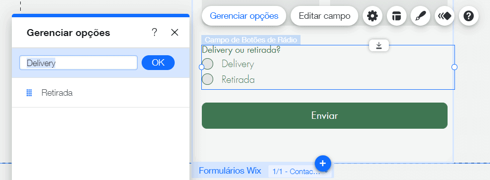 gerenciar opções formulário wix