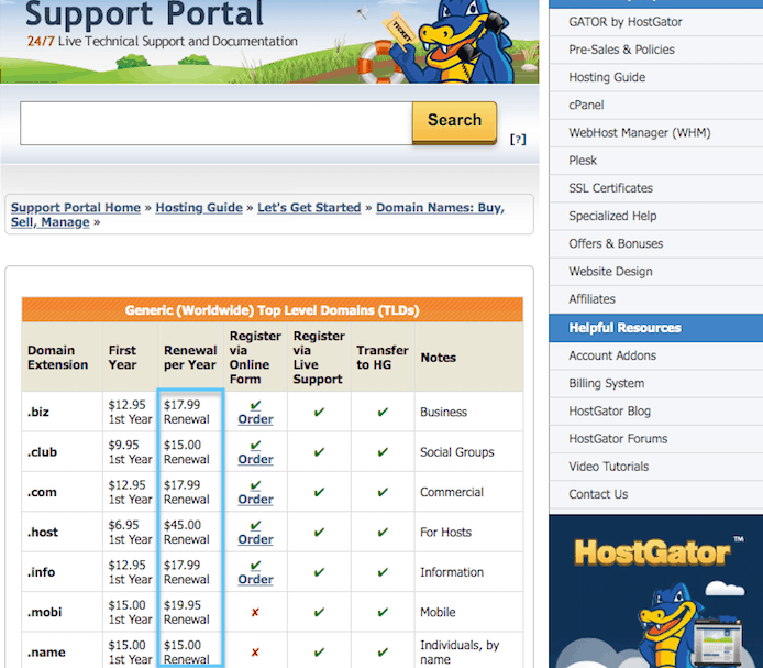 hostgator domain name renewal prices