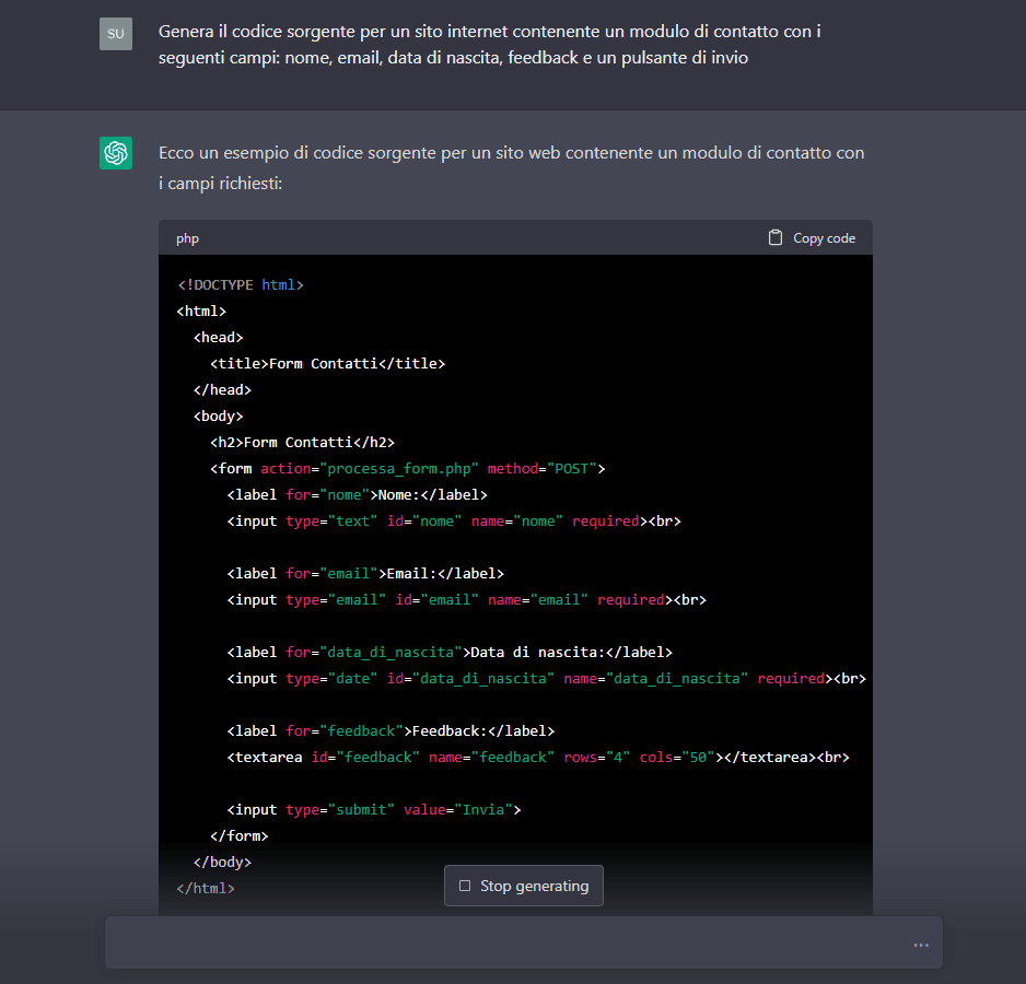  chatgpt codice per un sito internet 