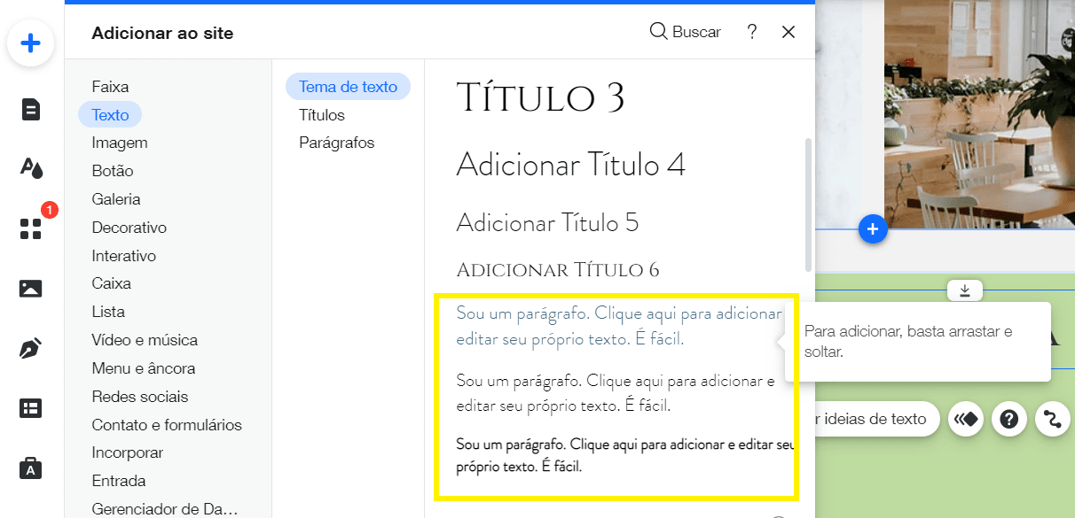 parágrafo tutorial wix
