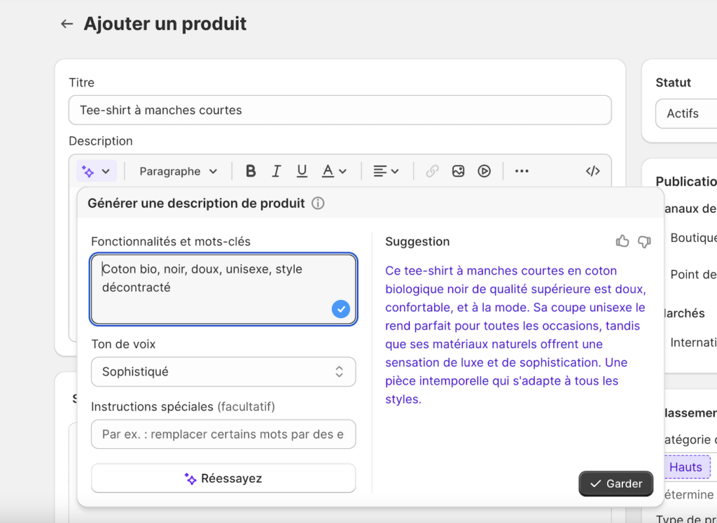 shopify ia générer description produit