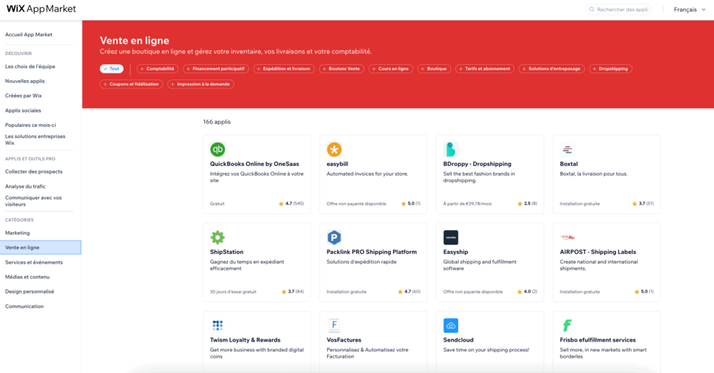 wix app market vente en ligne