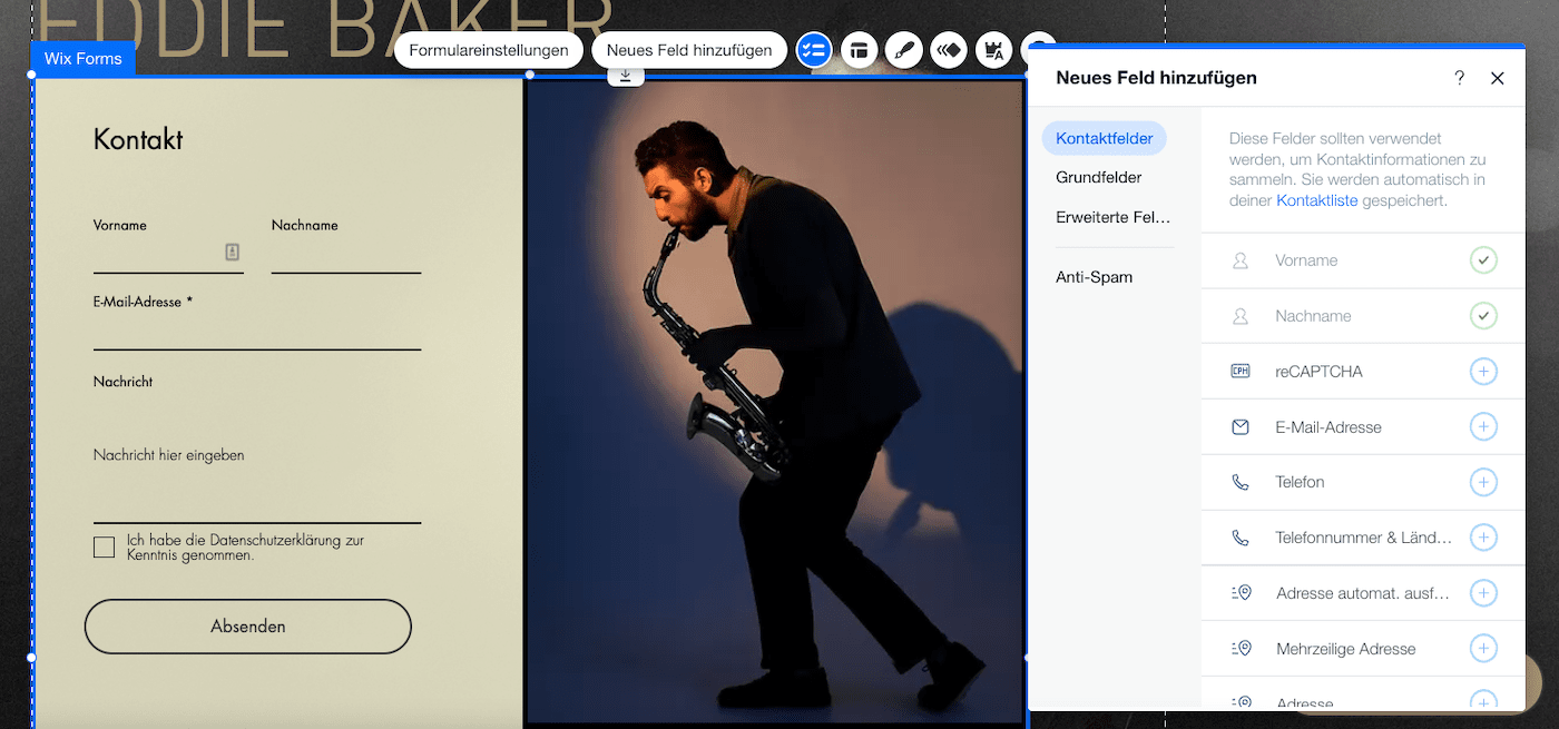 wix editor kontaktformular felder